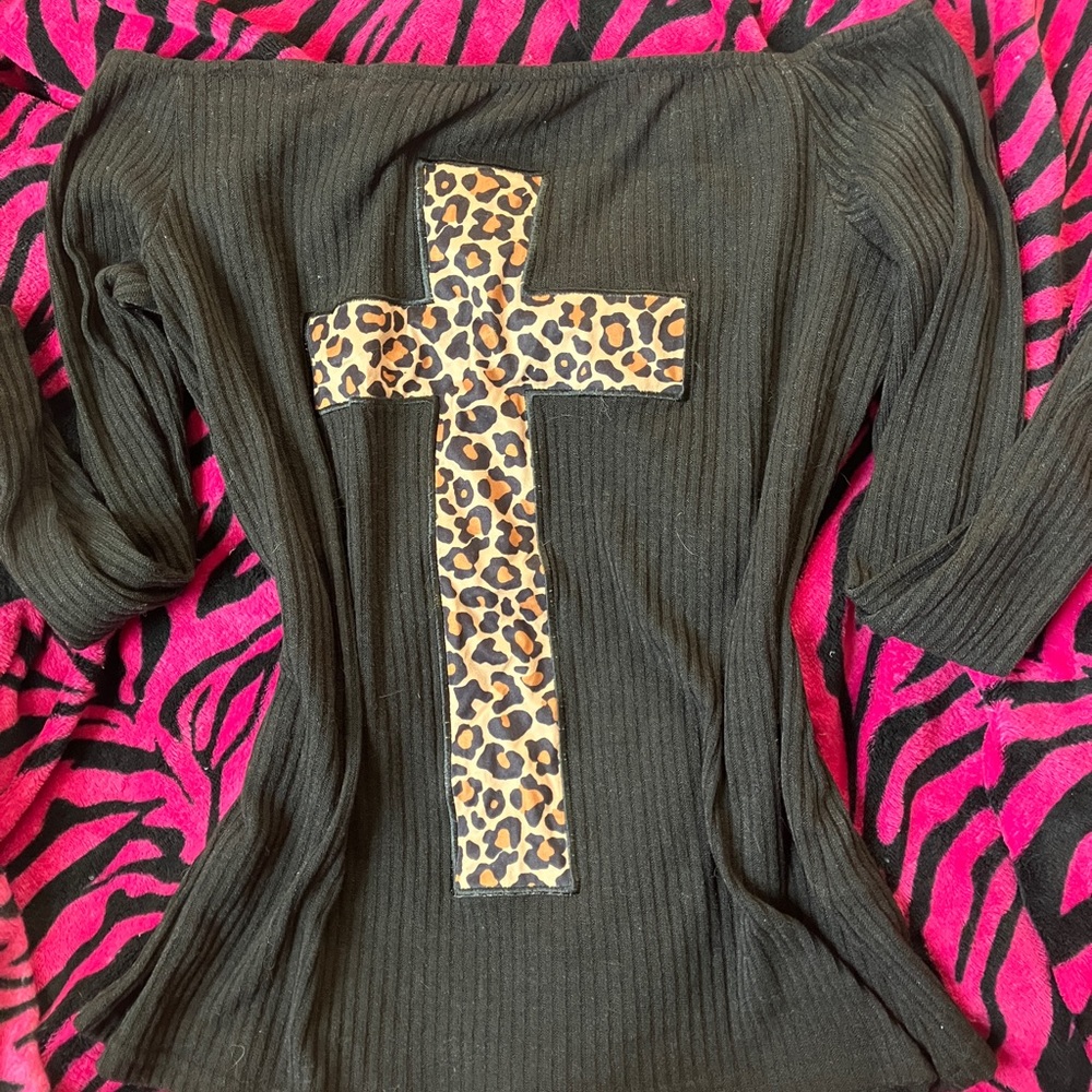 Cheetah off the shoulder black long sleeve shirt